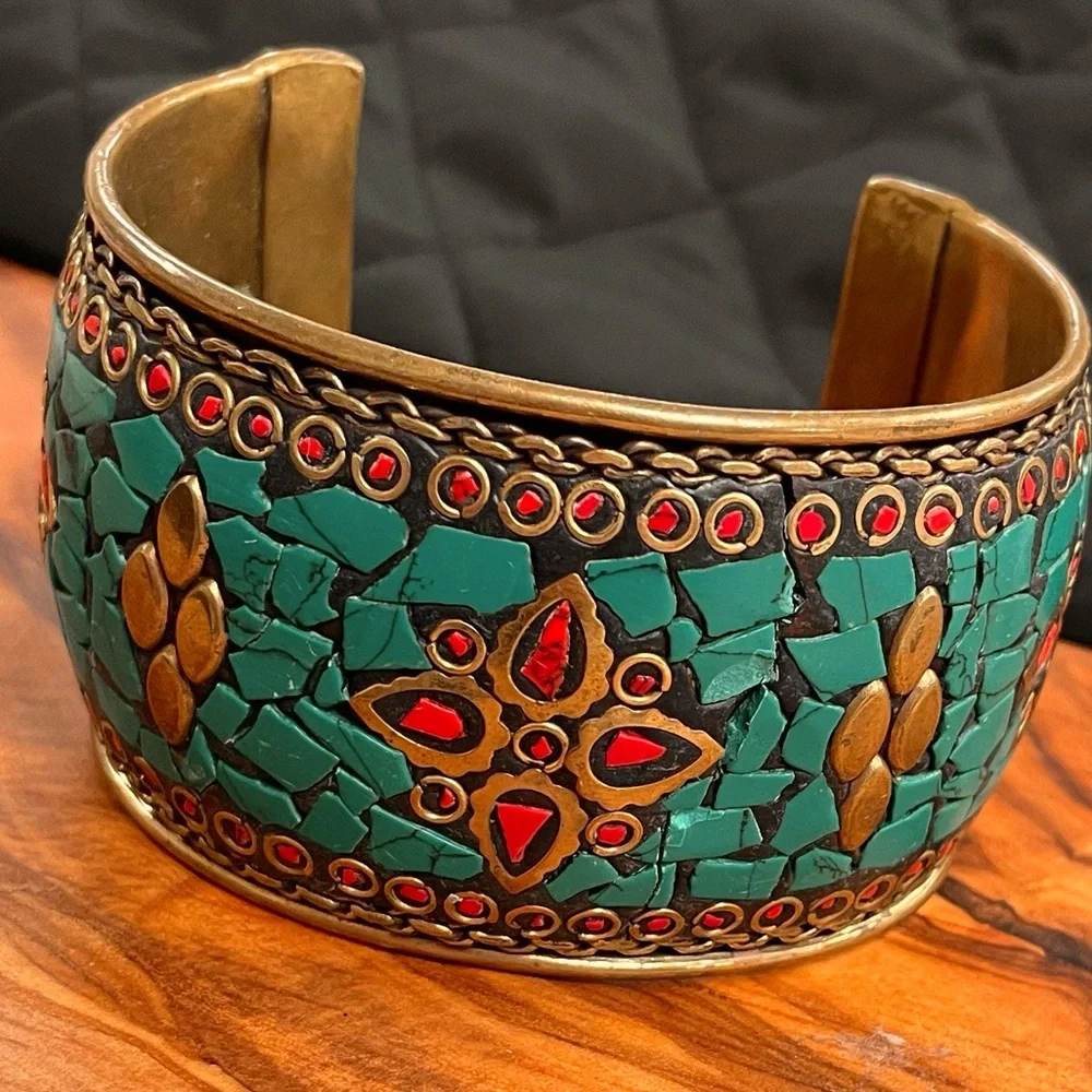Handcrafted Turquoise and Copper Mosaic Cuff Bracelet